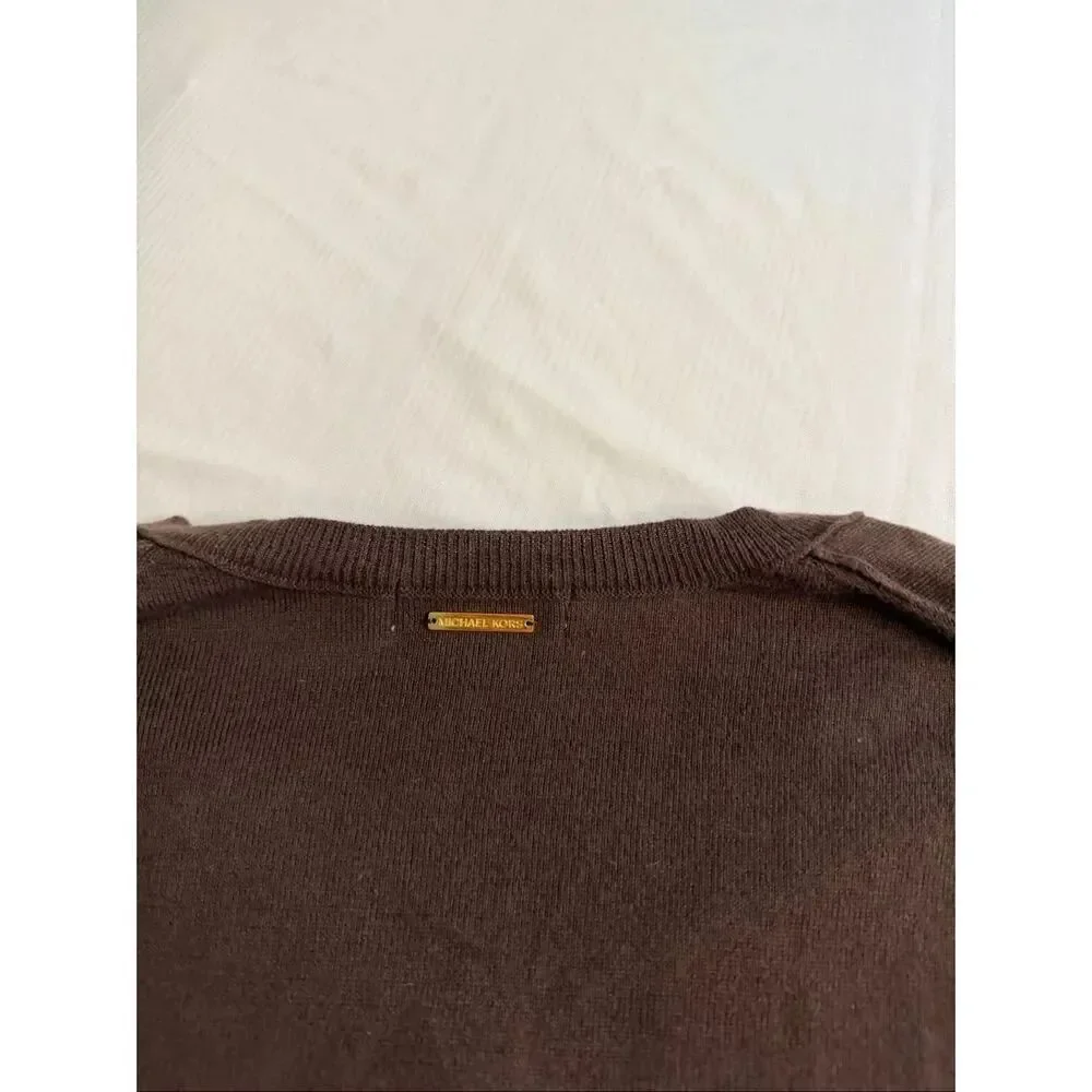 Michael Kors Chocolate Brown Gold Studded V Neck Sweater Size Small